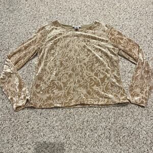 Talbots Gold Velvet Burnout Long Sleeve Blouse Sz M Vintage Sheer Ren Fair